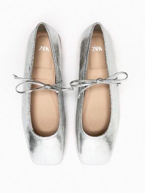 Zara Metallic Silver Ballet Flats with Bow Trim